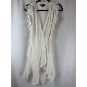Lulus White Wrap Dress Ruffle Sleeves Pom Trim Summer Casual Bridal Bachelorette